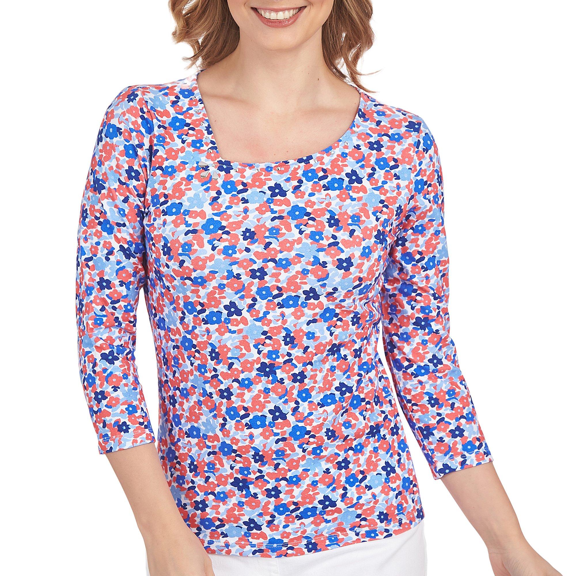 Womens Embroidered Floral 3/4 Sleeve Top