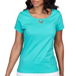 Hearts of Palm Womens Solid Keyhole Neck Short Sleeve Top