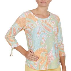 Hearts of Palm Womens Embbellished Paisley Tie Sleeve Top