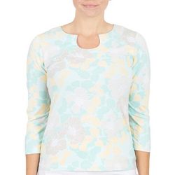 Hearts of Palm Womens Stencil Floral 3/4 Sleeve Top