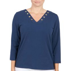 Hearts of Palm Womens Solid Grommet 3/4 Sleeve Top