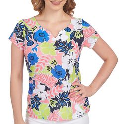 Hearts of Palm Womens Hibiscus Notch Short Sleeve Top