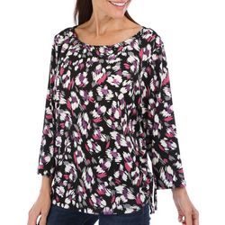 Womens 3/4 Sleeve Print Side Tie Ruched Top