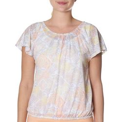 Hearts of Palm Womens Palms Pleat Neck Short Sleeve Top
