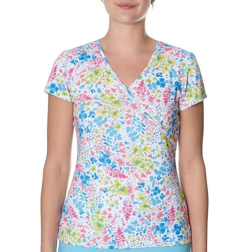 Hearts of Palm Womens Floral Surplice Short Sleeve