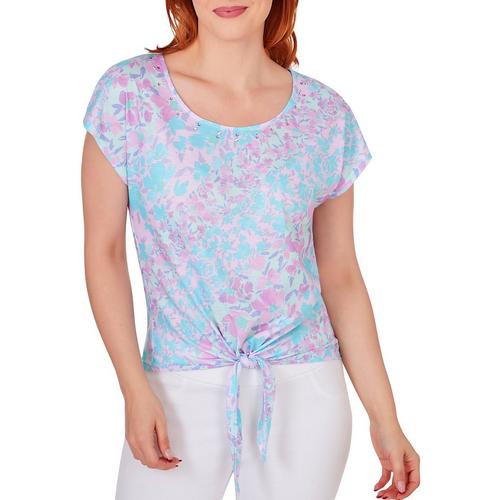 Hearts of Palm Womens Print Short Sleeve Tie-Front