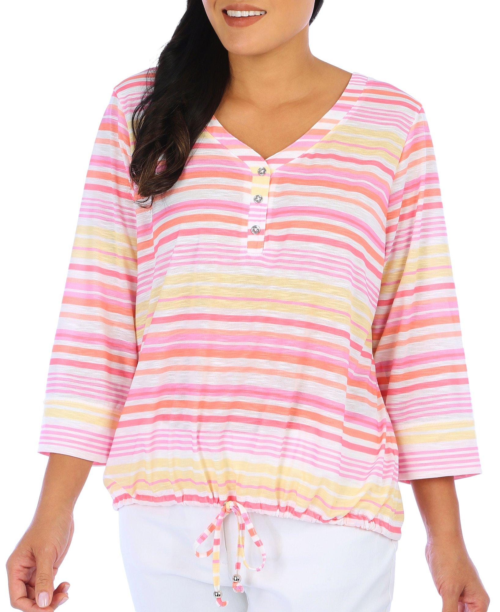 Womens Embellished Striped 3/4 Sleeve Top