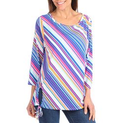 Womens 3/4 Sleeve Stripes Side Tie Ruched Top