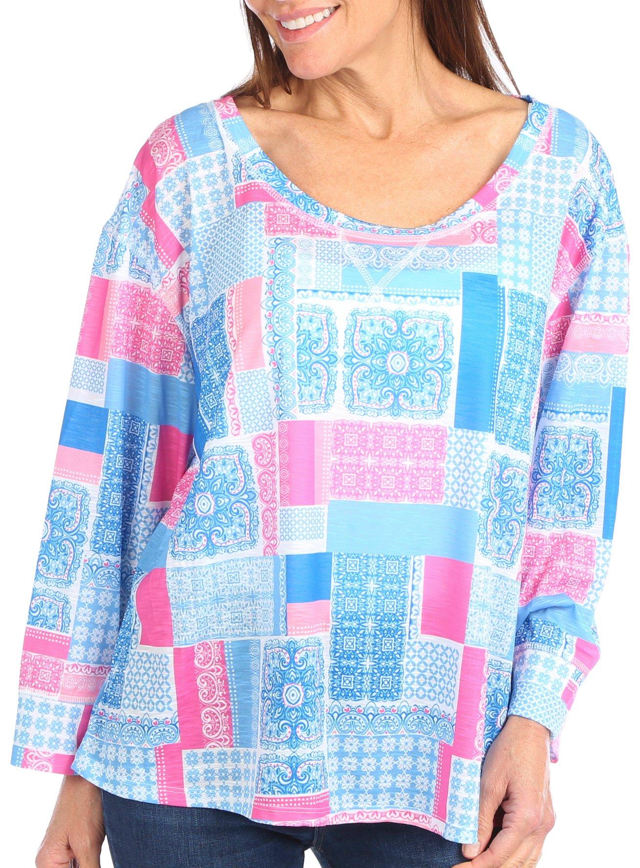 Hearts of Palm Womens Mixed Print Boat Neck 3/4 Sleeve Top