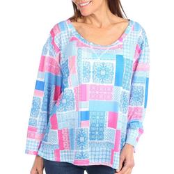 Womens Mixed Print Boat Neck 3/4 Sleeve Top
