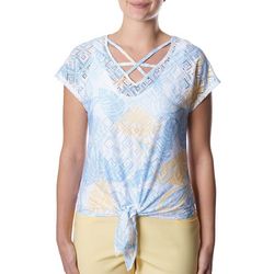 Hearts of Palm Print Tie Front Texture Short Sleeve Top