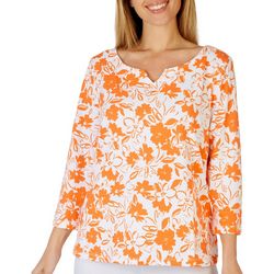 Hearts of Palm Womens Floral Notch Neck 3/4 Sleeve Top