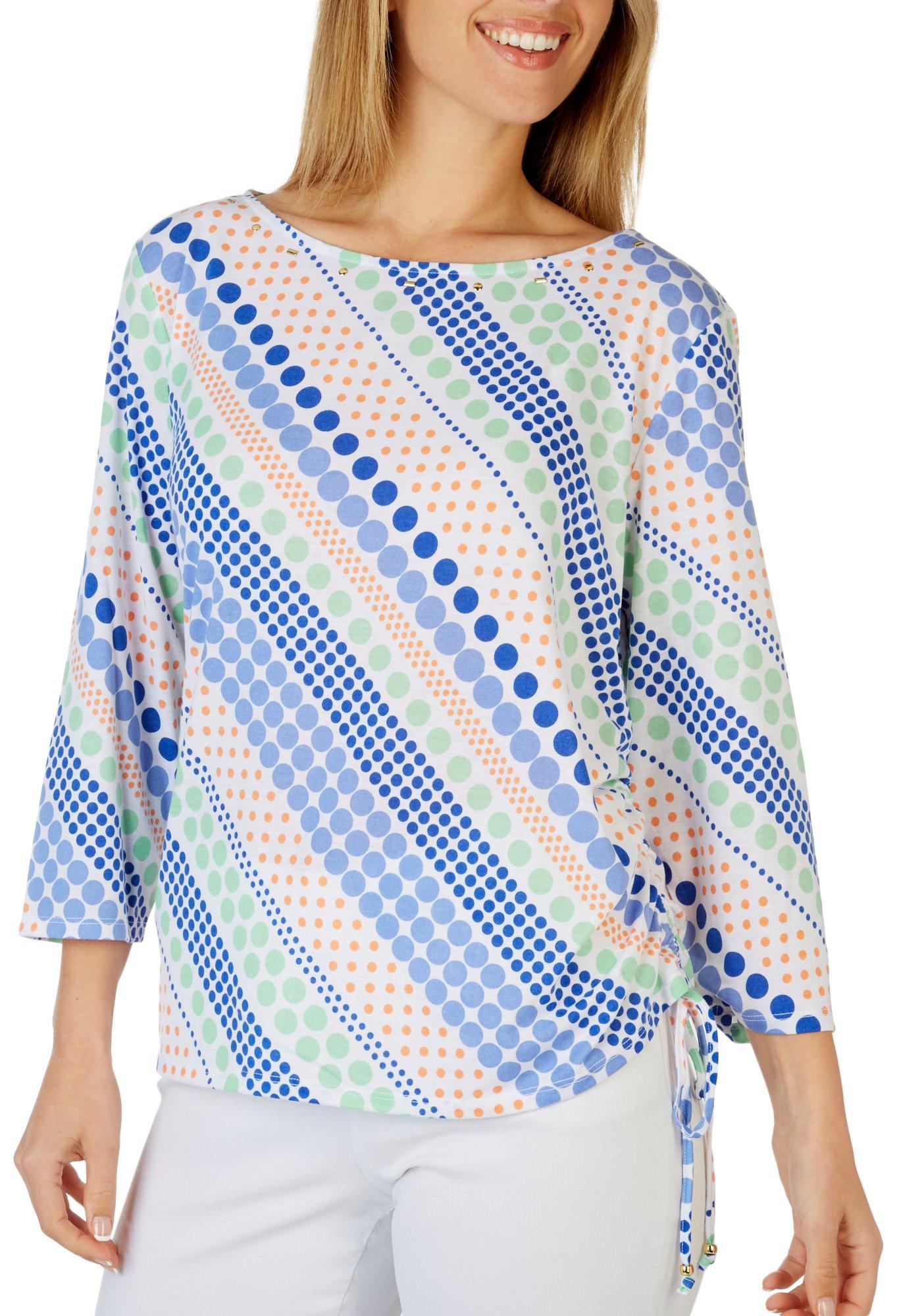 Womens Striped Dots Side Tie 3/4 Sleeve Top