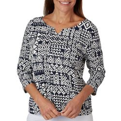 Hearts of Palm Womens Print Notch Neck 3/4 Sleeve Top