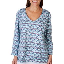 Hearts of Palm Womens Mosaic V Neck 3/4 Sleeve Top