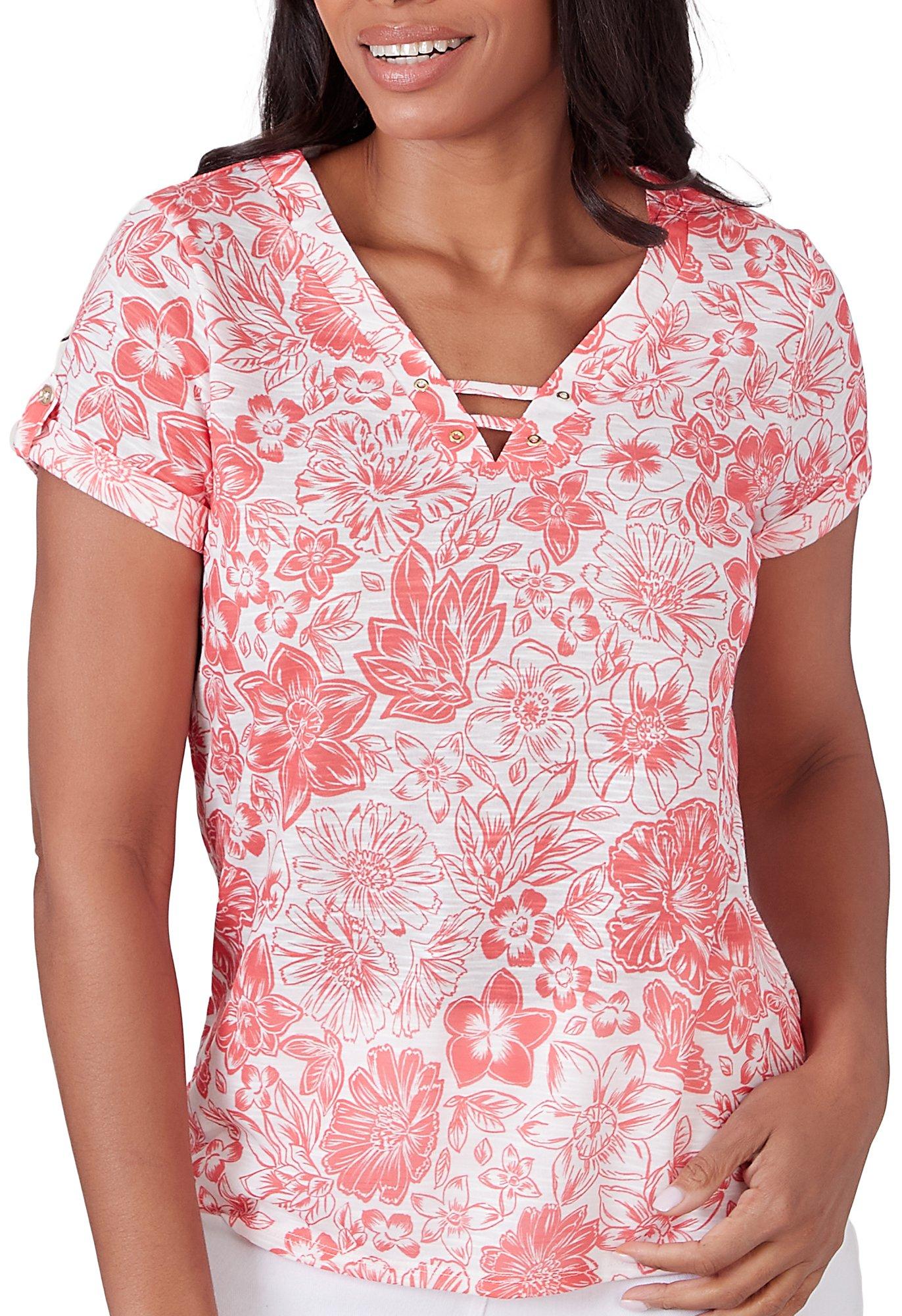 Hearts of Palm Womens Floral Keyhole Short Sleeve Top