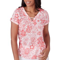 Hearts of Palm Womens Floral Keyhole Short Sleeve Top