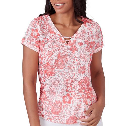 Hearts of Palm Womens Floral Keyhole Short Sleeve