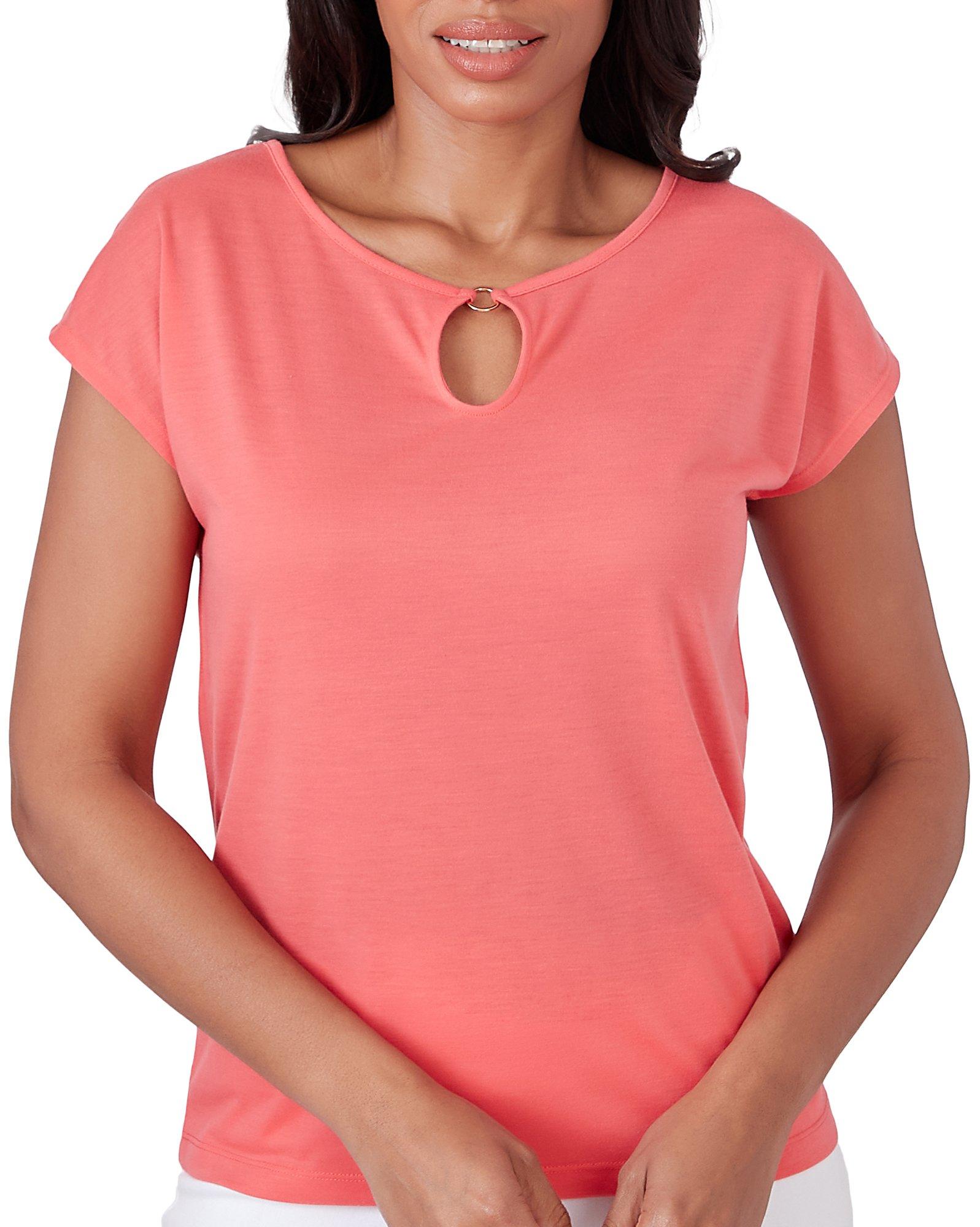 Womens Solid Keyhole Ring Short Sleeve Top