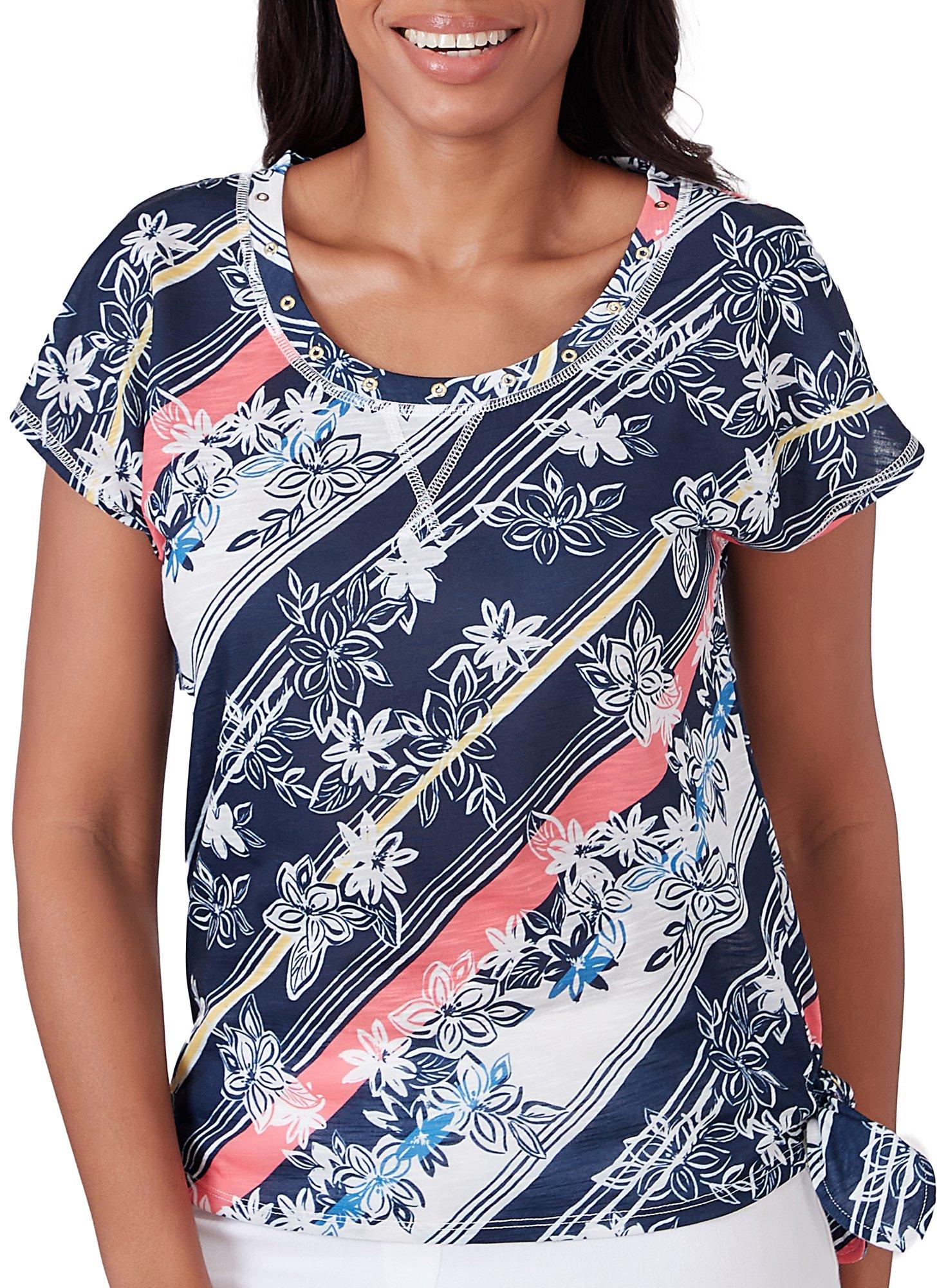 Hearts of Palm Womens Floral Scoop Neck Short Sleeve Top