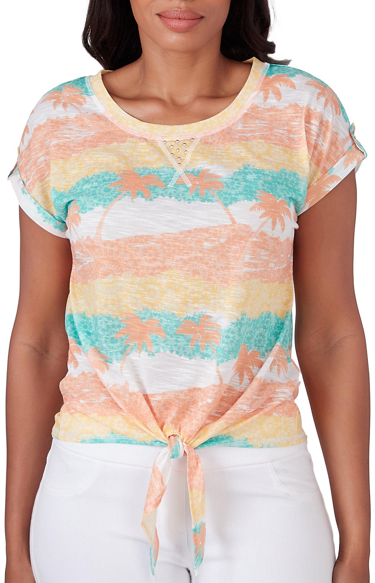 Hearts of Palm Womens Embellished Print Short Sleeve Top