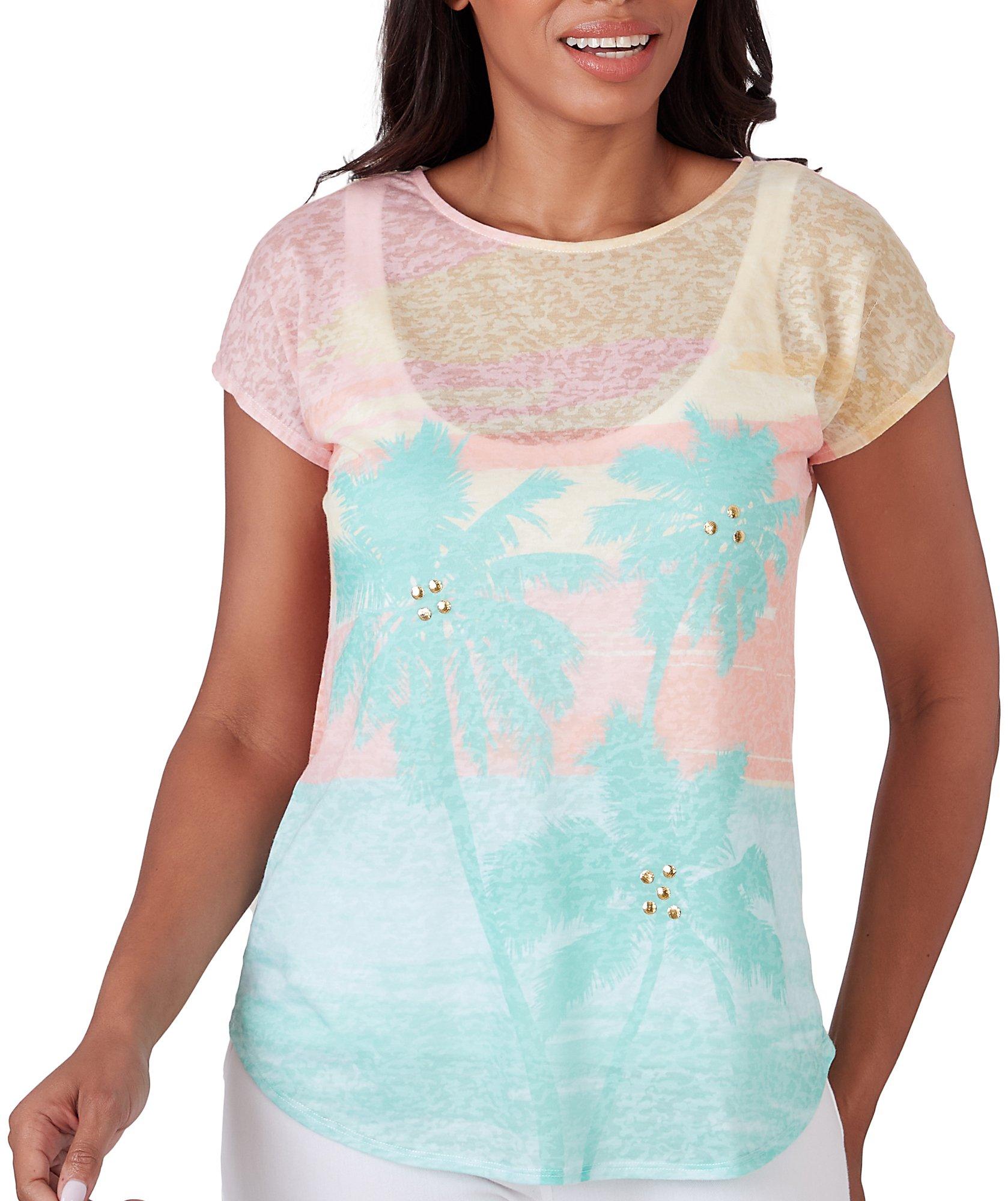 Womens Embellished Palms Burnout Top