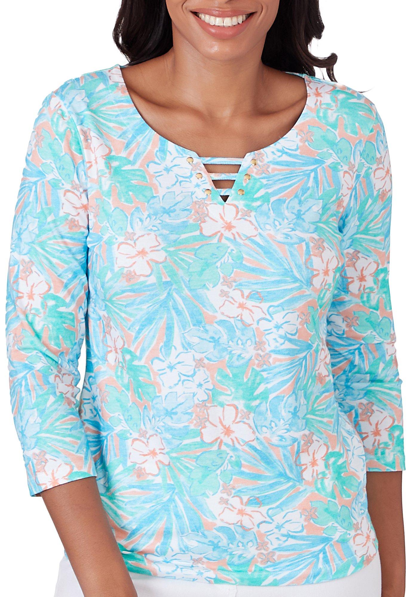 Hearts of Palm Womens Floral Keyhole 3/4 Sleeve Top