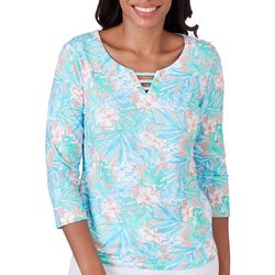 Hearts of Palm Womens Floral Keyhole 3/4 Sleeve Top