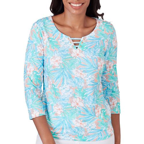 Hearts of Palm Womens Floral Keyhole 3/4 Sleeve