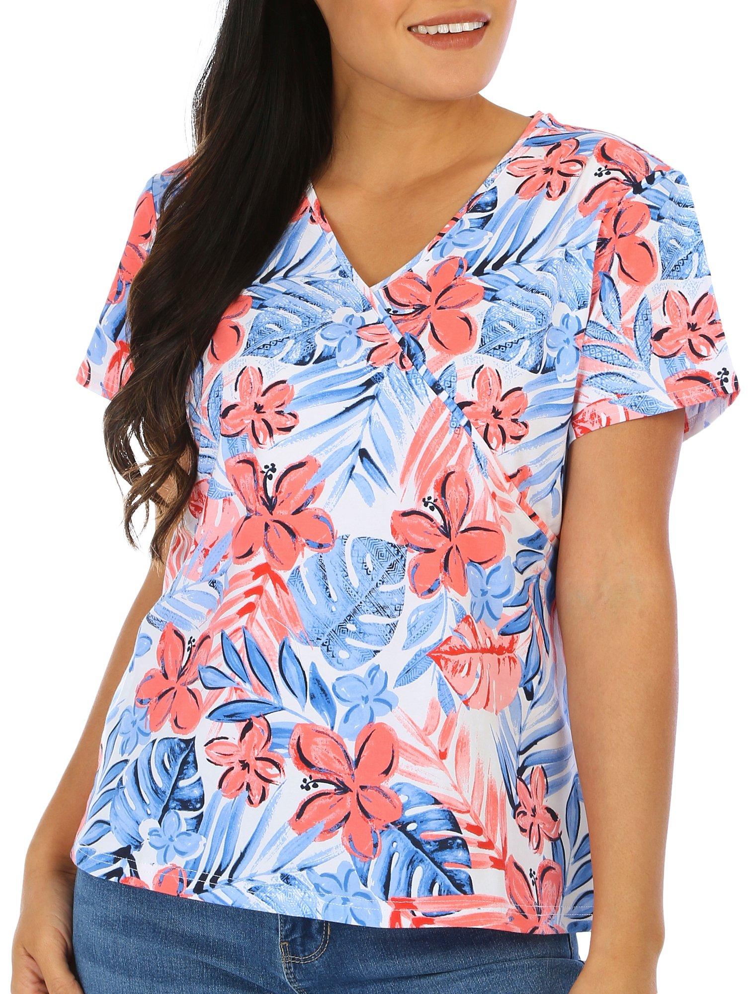 Hearts of Palm Womens Floral Surplice Short Sleeve Top