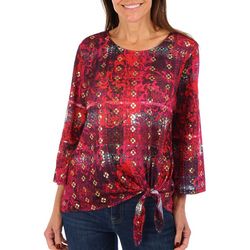 Ruby Red Womens Side Tie Foil Embellished 3/4 Sleeve Top
