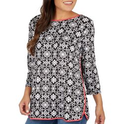 Ruby Road Womens Print Round Neck 3/4 Sleeve Top
