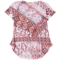 One World Womens Printed High-Low Short Sleeve Top