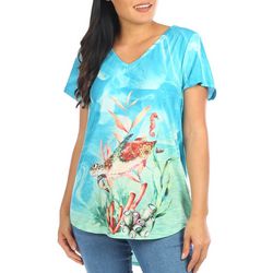 Coral Bay Womens Sea Turtle Print V-Neck Short Sleeve Top