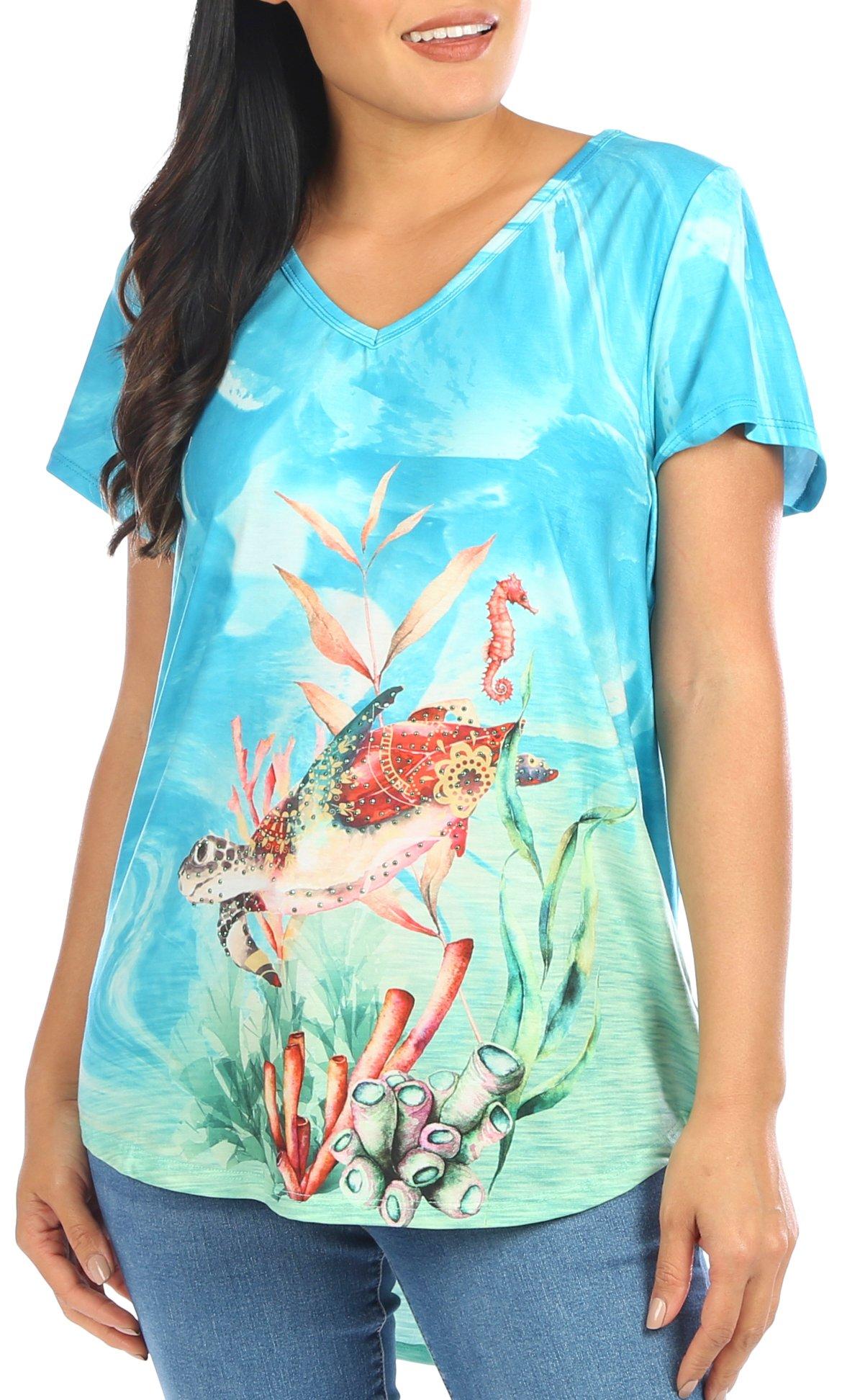 Womens Sea Turtle Print V-Neck Short Sleeve Top
