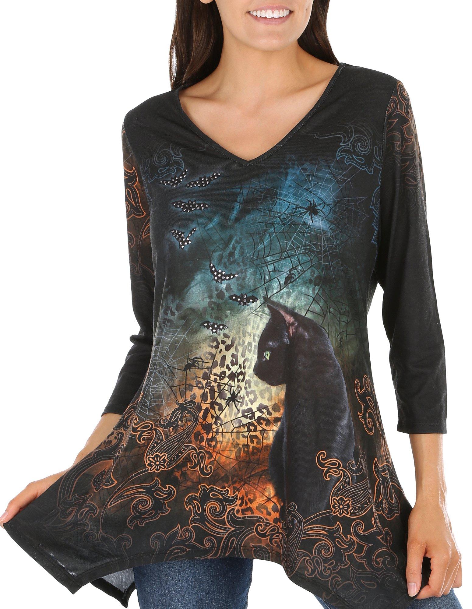 Womens Spooky Kitty Embellished 3/4 Sleeve Top