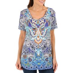 Womens Embellished Mixed Print Short Sleeve Top