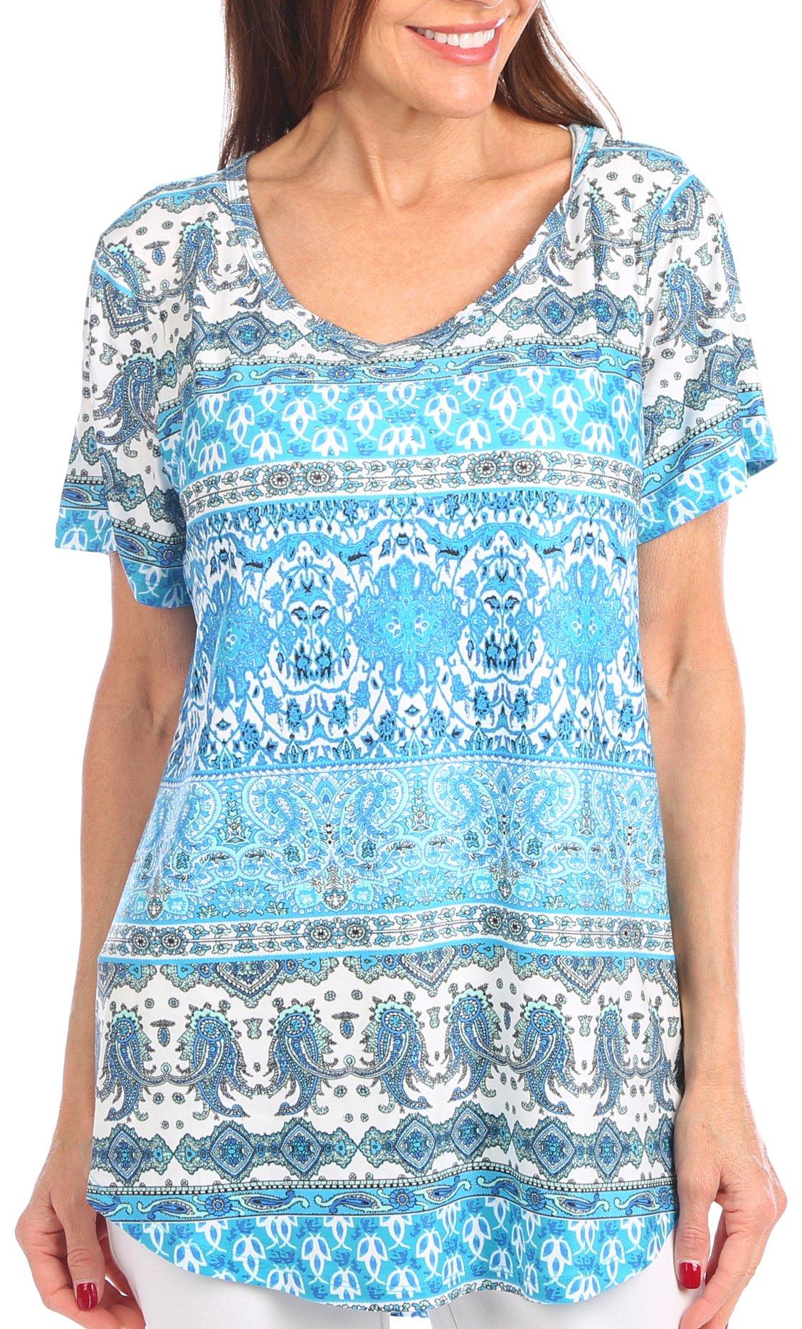 OneWorld Womens Embellished Paisley Short Sleeve Top