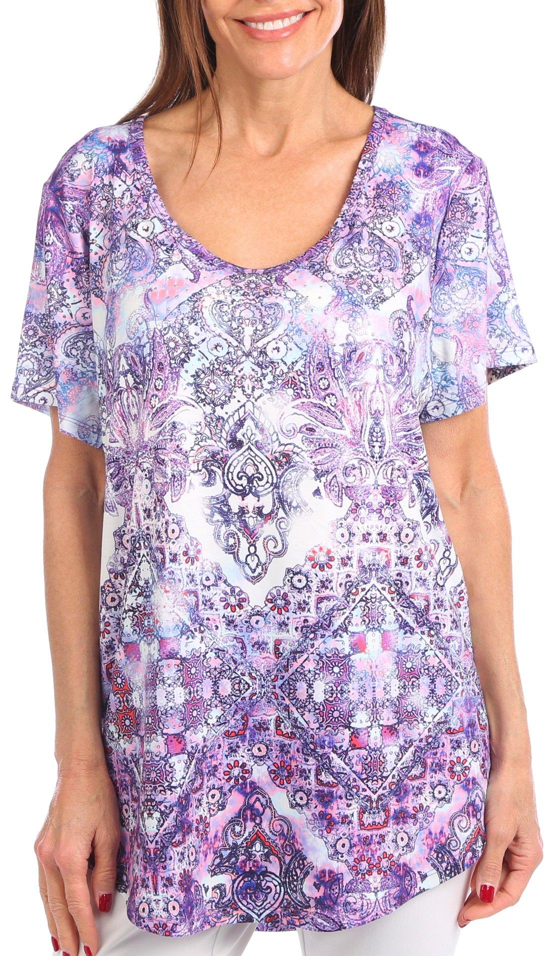 OneWorld Womens Astro Embellished Print Short Sleeve Top