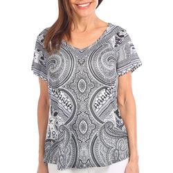 One World Womens Embellished Swirl Print Short Sleeve Top