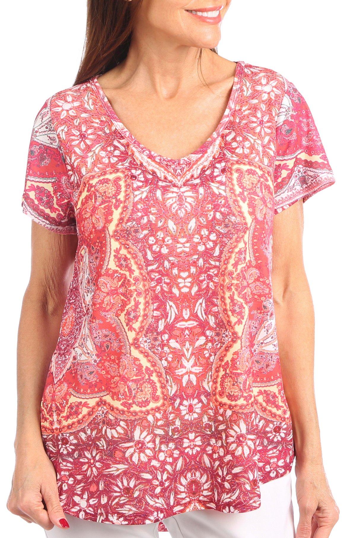 One World Womens Floral Mixed Print Short Sleeve Top