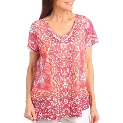 One World Womens Floral Mixed Print Short Sleeve Top