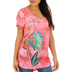 Coral Bay Womens Tropical Embellished Short Sleeve Top