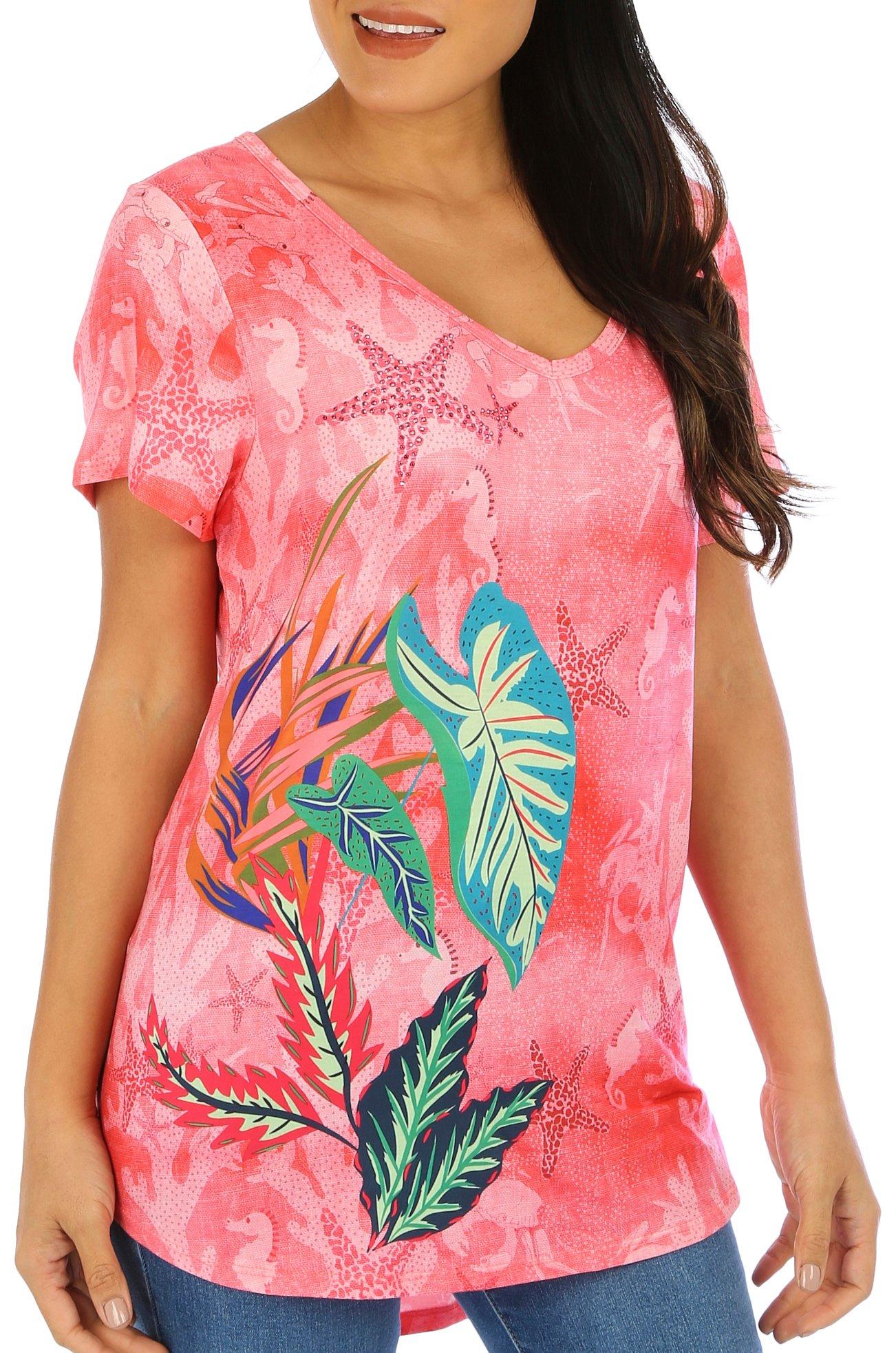Womens Tropical Embellished Short Sleeve Top