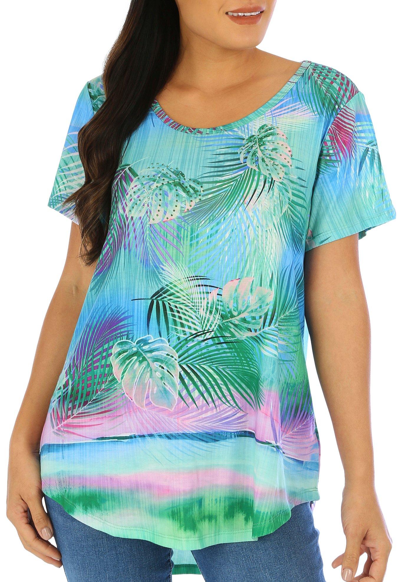 Coral Bay Womens Leaf Print Embellished Short Sleeve Top