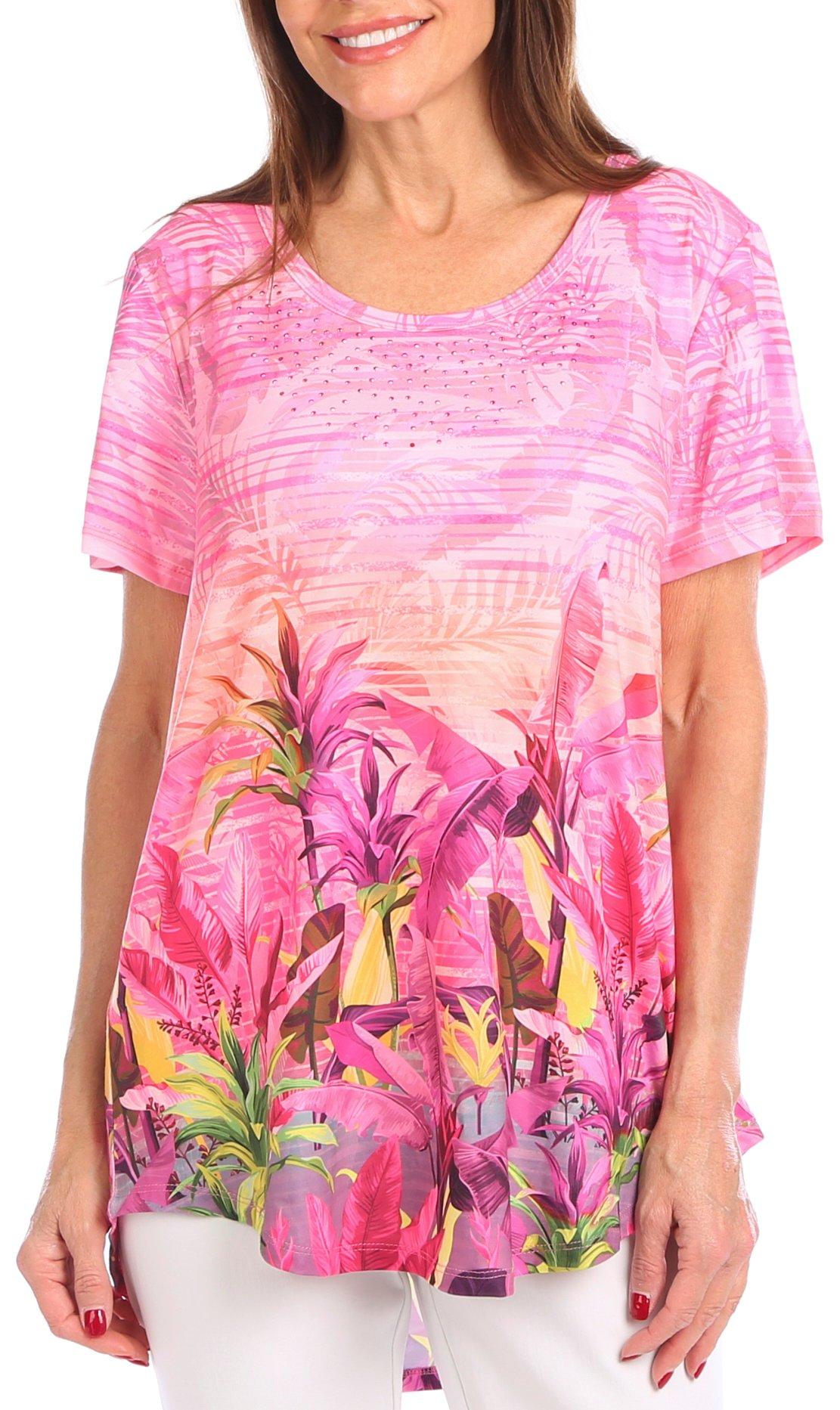 OneWorld Womens Tropical Embellished Print Short Sleeve Top