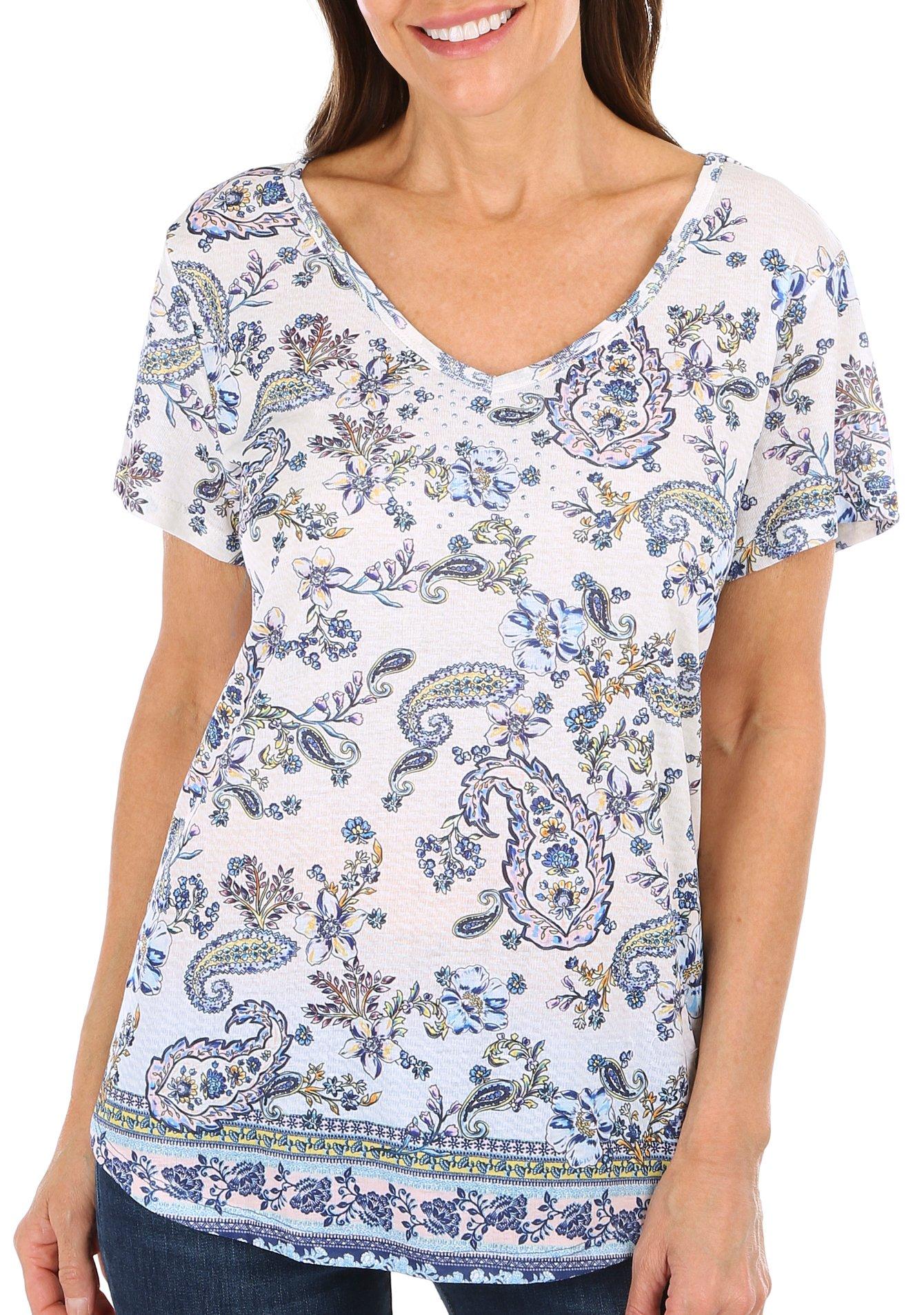 Coral Bay Womens Floral Paisley V-Neck Short Sleeve Top