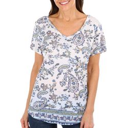 Coral Bay Womens Floral Paisley V-Neck Short Sleeve Top