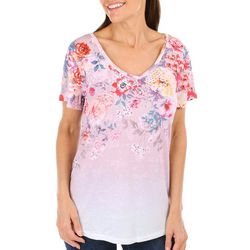 Coral Bay Womens Floral Print V-Neck Short Sleeve Top