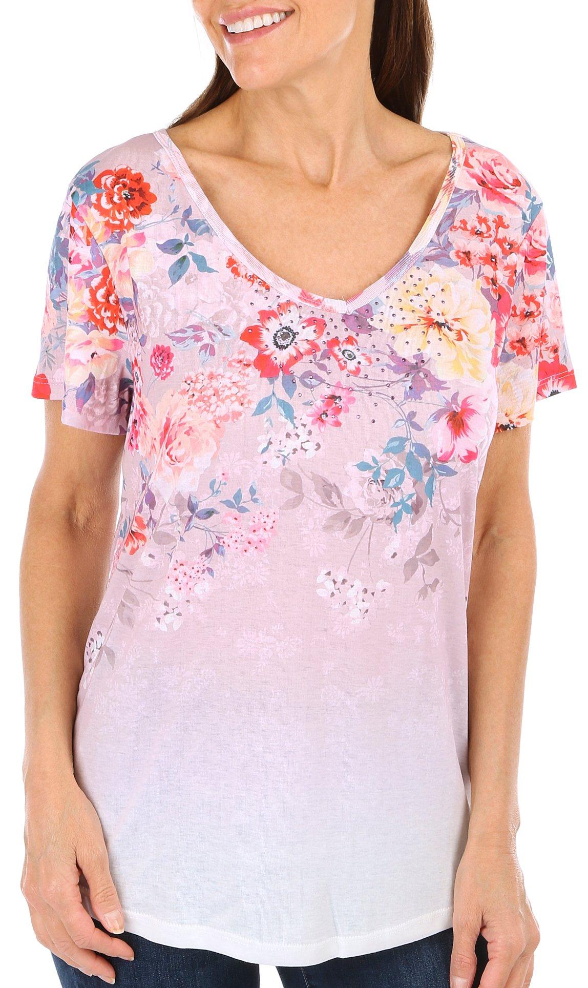 Womens Floral Print V-Neck Short Sleeve Top
